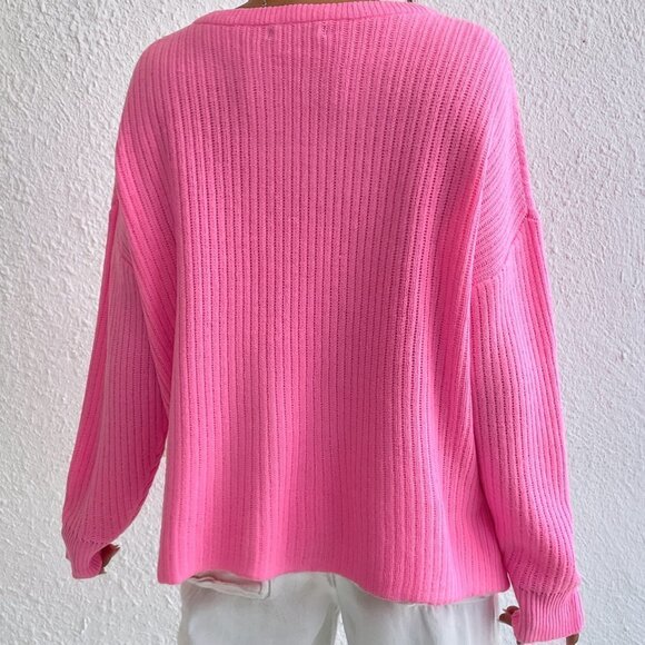 Pink Preppy Womens Notched Neck Drop Shoulder Split Hem Sweater - Picture 2 of 5